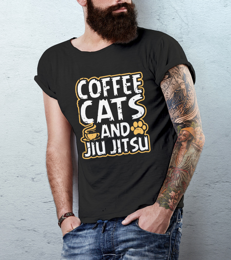 Coffee Cats And Jiu Jitsu With Coffee Cup And Cat Paw Prints T-Shirt