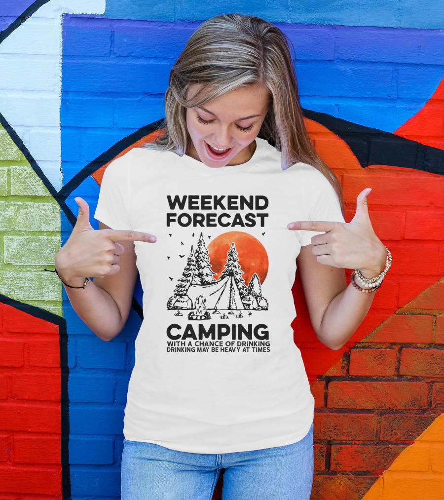 Weekend Forecast Camping With A Chance Of Drinking Drinking May Be Heavy At Times Vibrant Red Moon Forest Nighttime Scene T-Shirt