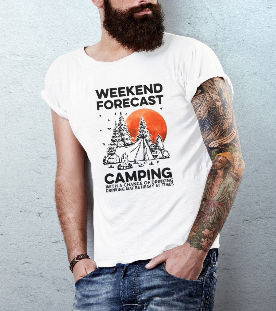 Weekend Forecast Camping With A Chance Of Drinking Drinking May Be Heavy At Times Vibrant Red Moon Forest Nighttime Scene T-Shirt