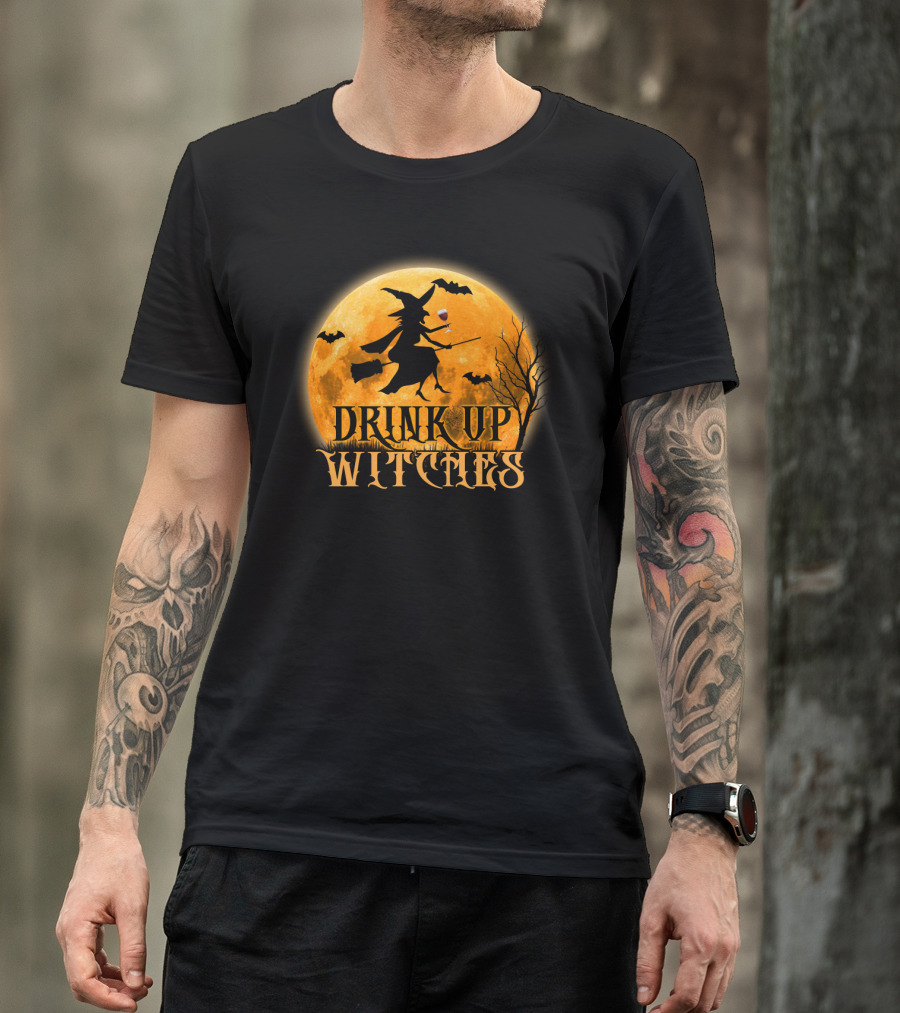 Drink Up Witches Wine Halloween Moon Bats Broomstick T-Shirt