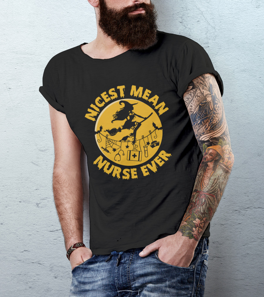 Nicest Mean Nurse Ever Witch Theme With Medical And Halloween Elements T-Shirt