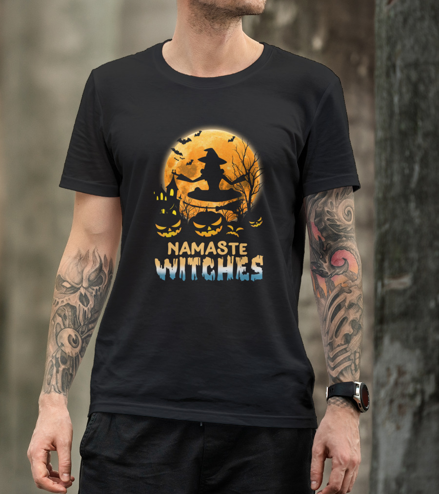 Namaste Witches Yoga Halloween Moon And Pumpkins T-Shirt