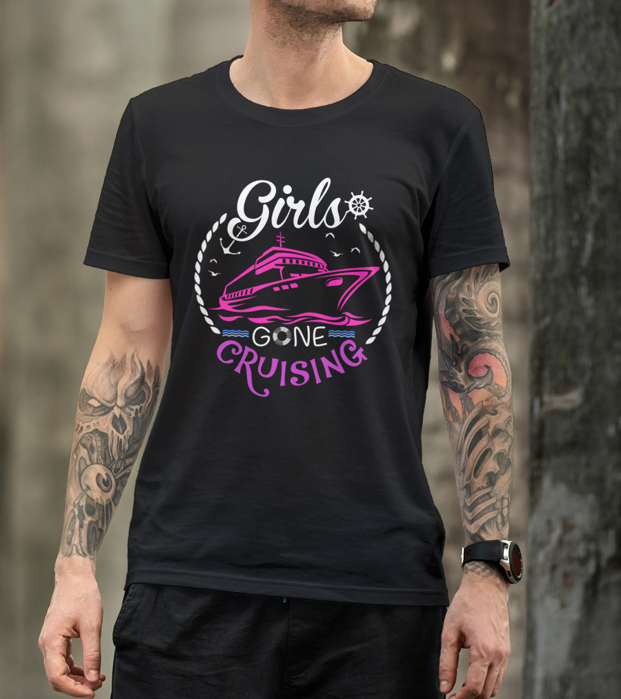 Girls Gone Cruising Ship Anchor Wheel Rope Seagulls Waves T-Shirt