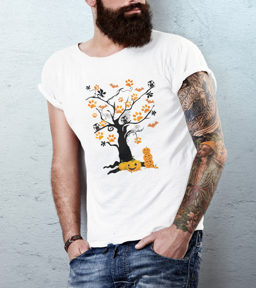 Dog Paw Tree Halloween Pumpkins Bats Owls Ghosts T-Shirt