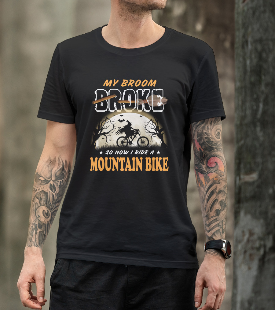 My Broom Broke So Now I Ride A Mountain Bike Halloween Witch Cycling Moon Scene T-Shirt