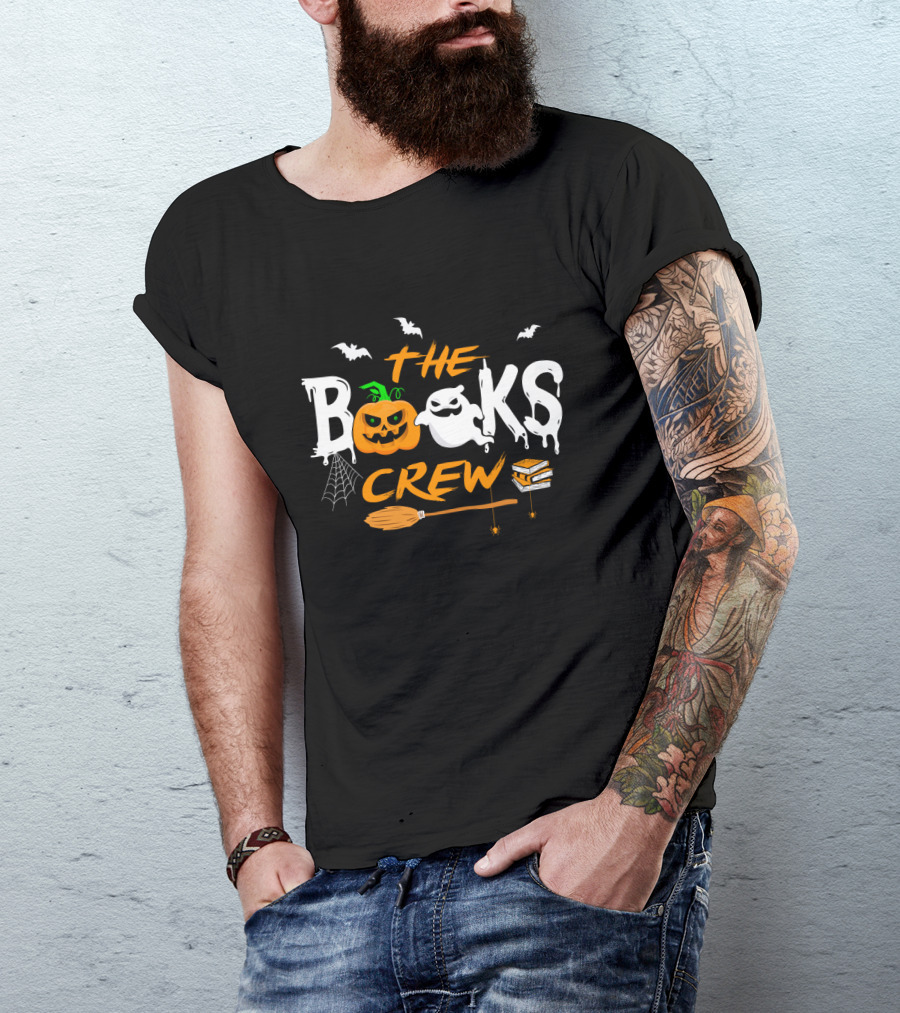 The Books Crew Halloween Ghost Pumpkin Bats Broom Books Spider Web T-Shirt