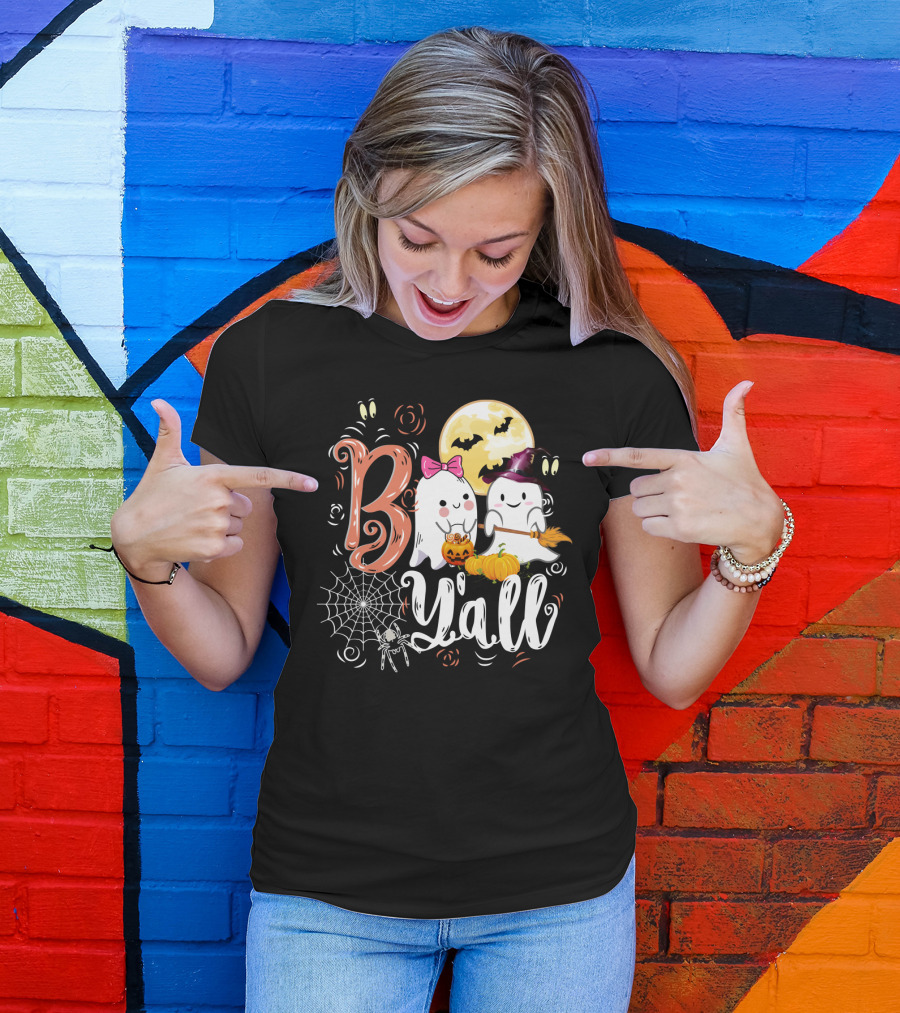 Bo Y'all Cute Ghosts With Pumpkins And Halloween Full Moon T-Shirt