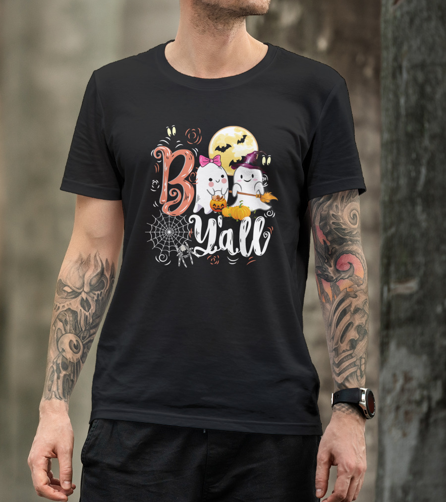 Bo Y'all Cute Ghosts With Pumpkins And Halloween Full Moon T-Shirt