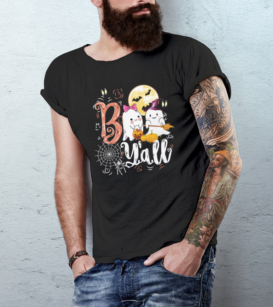 Bo Y'all Cute Ghosts With Pumpkins And Halloween Full Moon T-Shirt