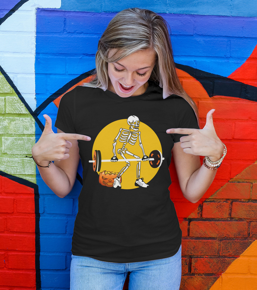 Skeleton Lifting Barbell With Pumpkin Halloween T-Shirt