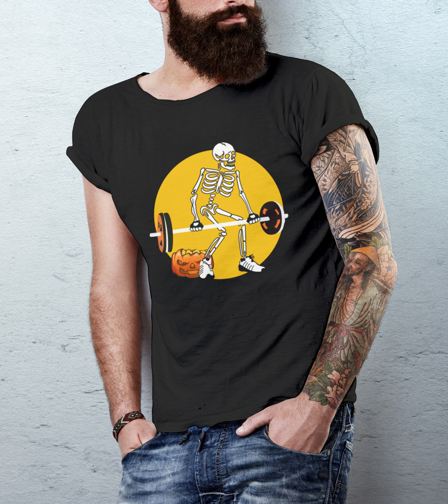 Skeleton Lifting Barbell With Pumpkin Halloween T-Shirt