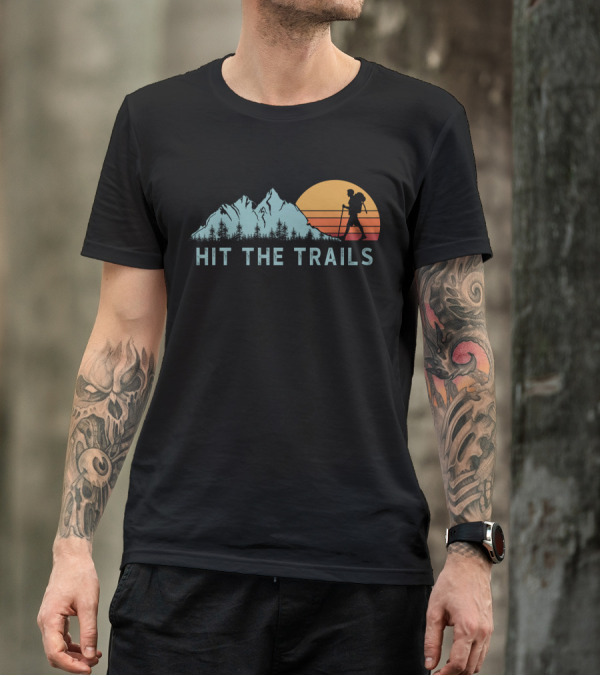 Hit The Trails Mountains Hiking Silhouette Sunset T-Shirt