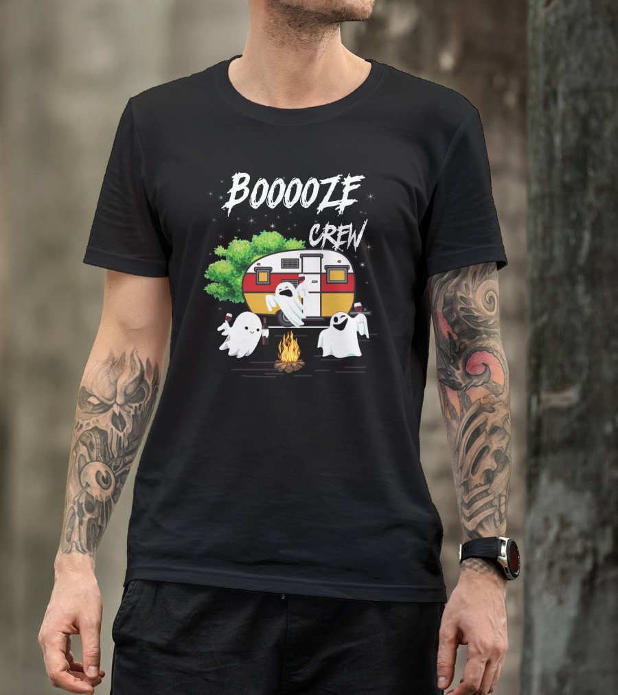 Booooze Crew Ghost Camping With Campfire Caravan And Wine Glasses T-Shirt