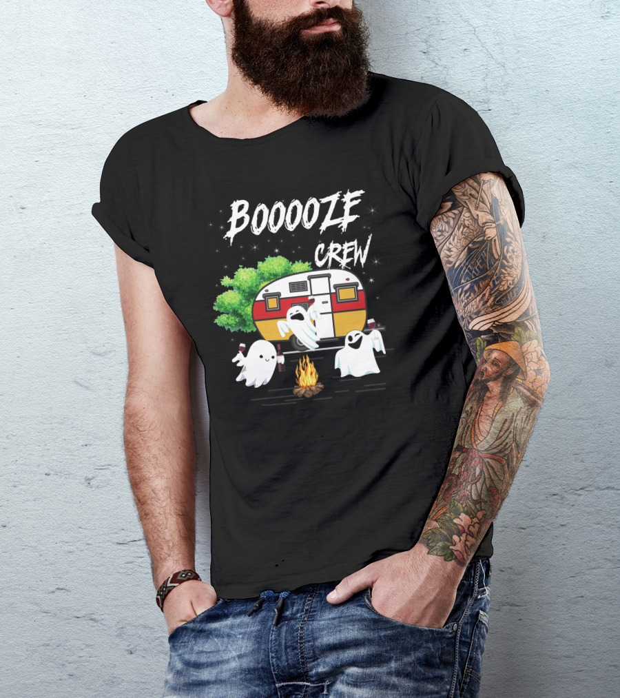 Booooze Crew Ghost Camping With Campfire Caravan And Wine Glasses T-Shirt