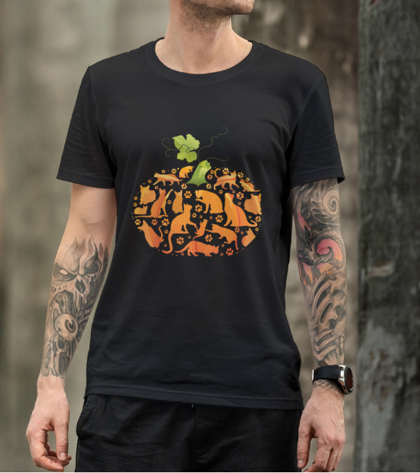 Cat Pumpkin Silhouette With Paws In Pumpkin Shape T-Shirt