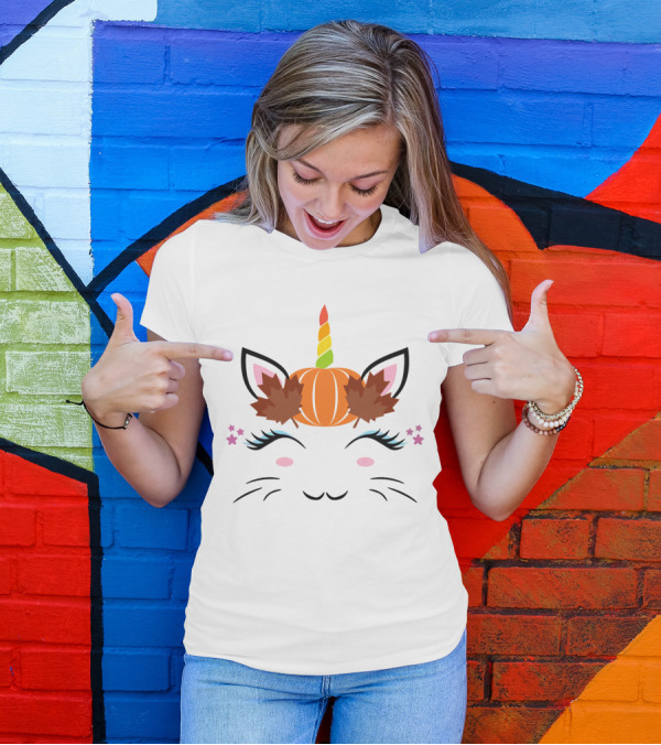 Caticorn Pumpkin Halloween Cat Unicorn Lover Fall Leaves T-Shirt