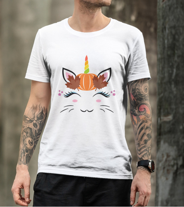 Caticorn Pumpkin Halloween Cat Unicorn Lover Fall Leaves T-Shirt