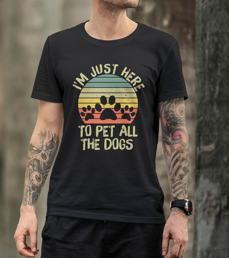 I'm Just Here To Pet All The Dogs Retro Paw Print Stripes T-Shirt