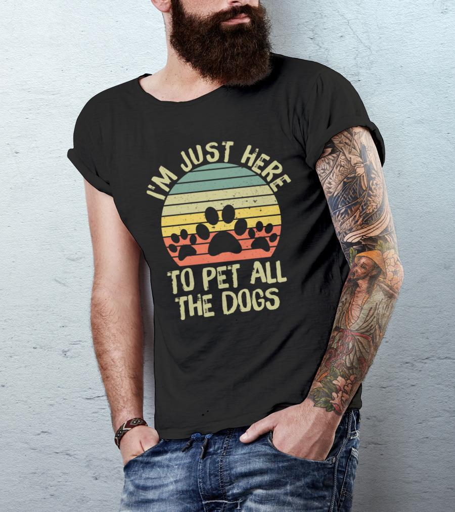 I'm Just Here To Pet All The Dogs Retro Paw Print Stripes T-Shirt