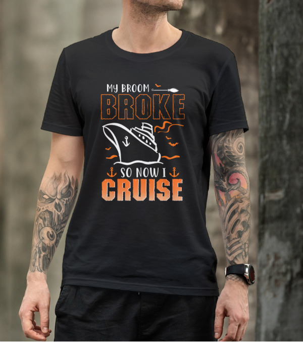 My Broom Broke So Now I Cruise Halloween Ship Bats Anchors Icons T-Shirt