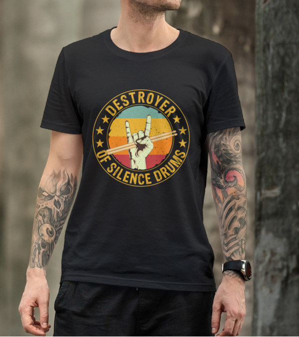 Destroyer Of Silence Drums Rock Hand Gesture Stars Retro Stripes T-Shirt