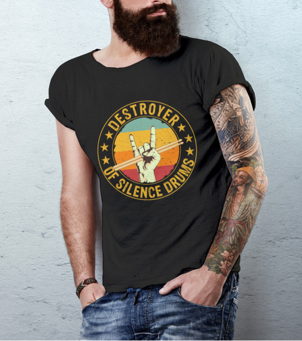 Destroyer Of Silence Drums Rock Hand Gesture Stars Retro Stripes T-Shirt