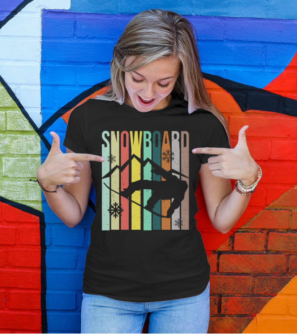 Snowboard Snowboarding Retro Mountain Silhouette Snowflakes T-Shirt