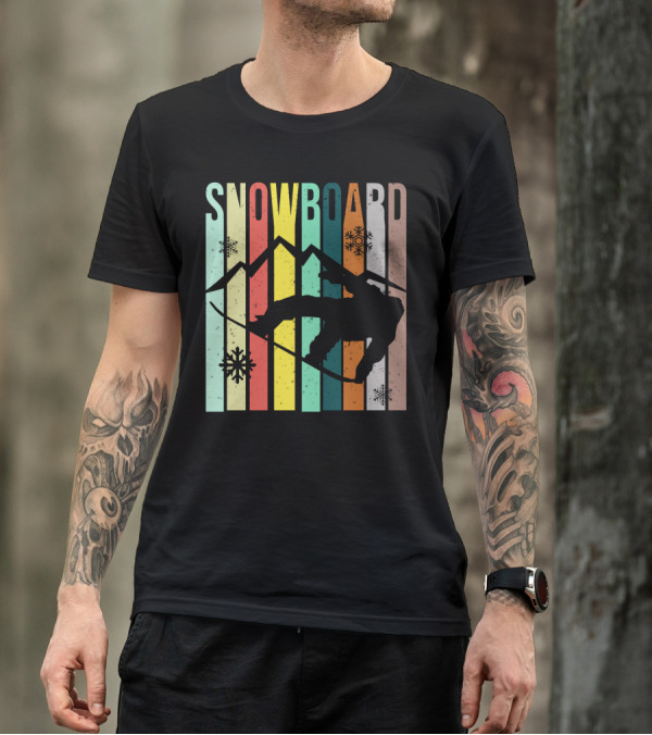 Snowboard Snowboarding Retro Mountain Silhouette Snowflakes T-Shirt