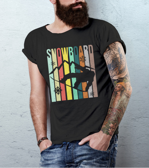 Snowboard Snowboarding Retro Mountain Silhouette Snowflakes T-Shirt