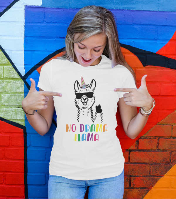 Llamacorn No Drama Llama Funny Unicorn Rainbow Text Sunglasses Peace Sign T-Shirt