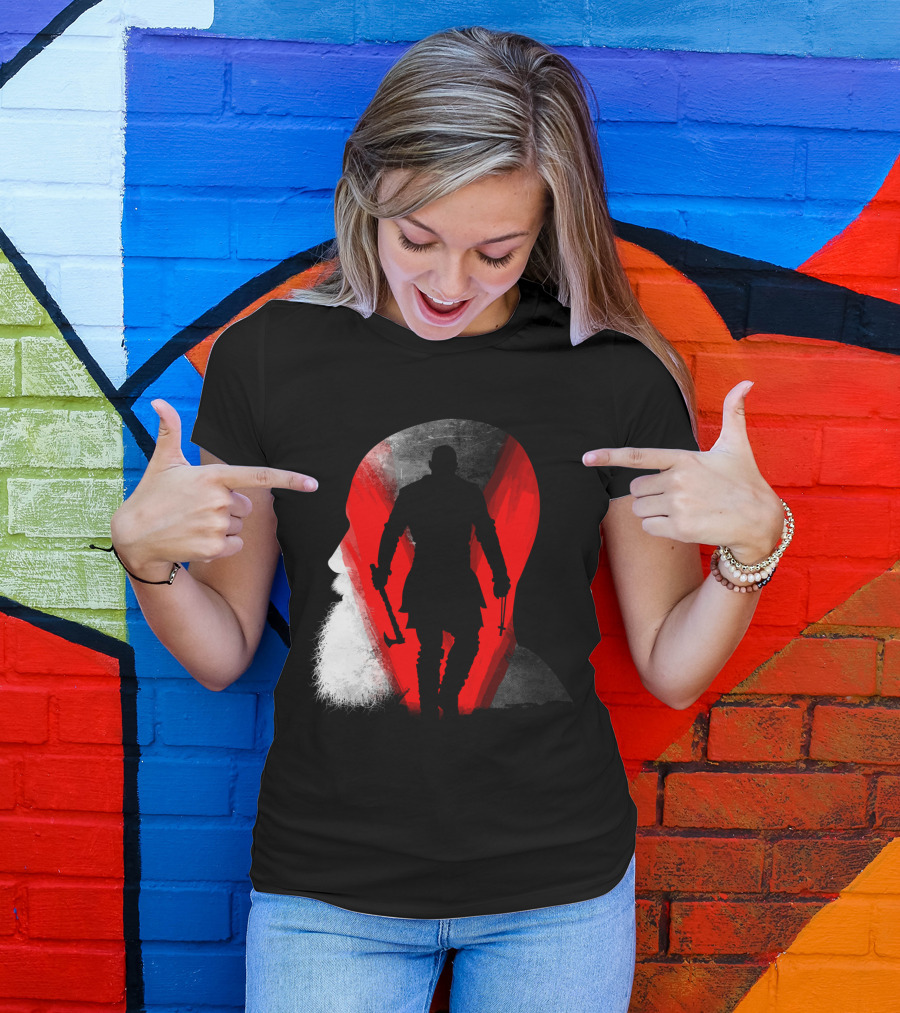 Viking Warrior Silhouette In Profile With Hammer And Beard Against Red T-Shirt