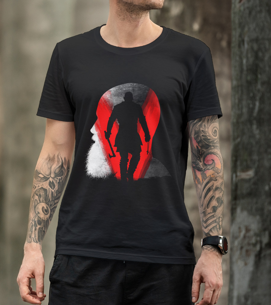 Viking Warrior Silhouette In Profile With Hammer And Beard Against Red T-Shirt