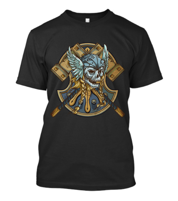 Viking Warrior Skull With Winged Helmet And Crossed Axes T-Shirt