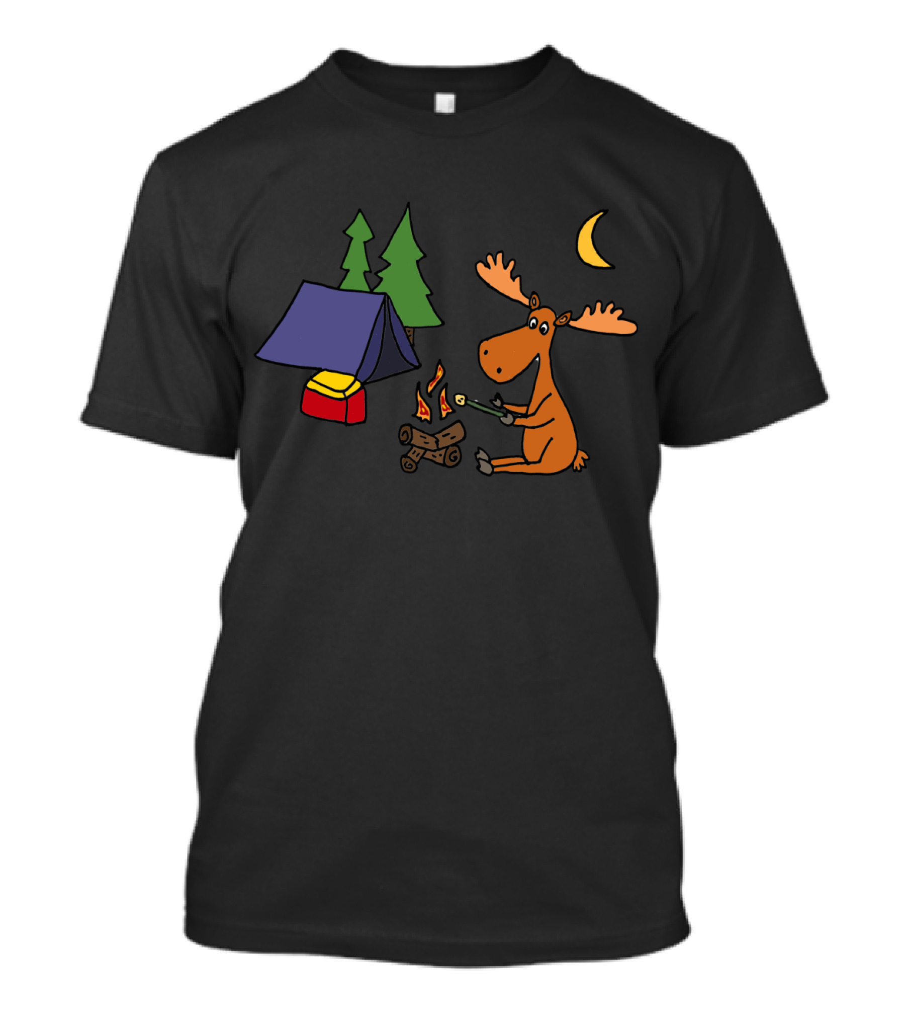 Cool Funny Moose Camping Tent Campfire Moon T-Shirt
