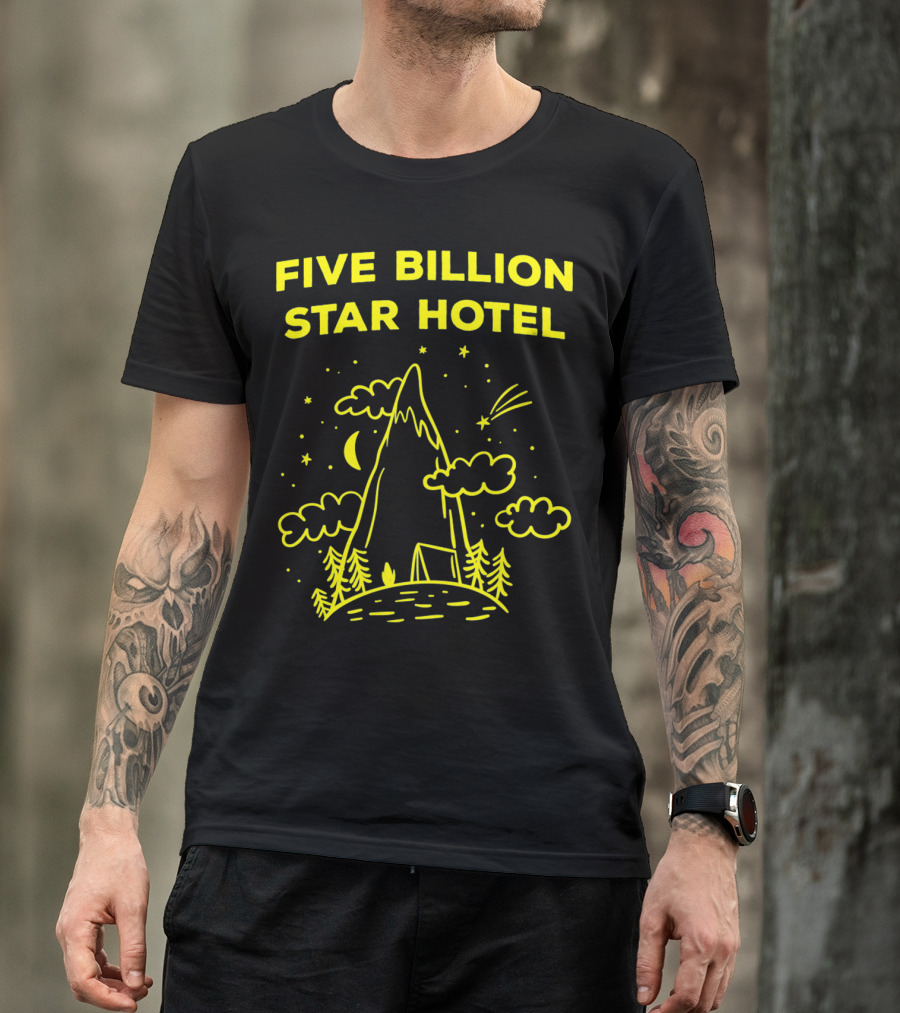 Five Billion Star Hotel Mountain Camping Tent Under Stars And Moon Scene T-Shirt