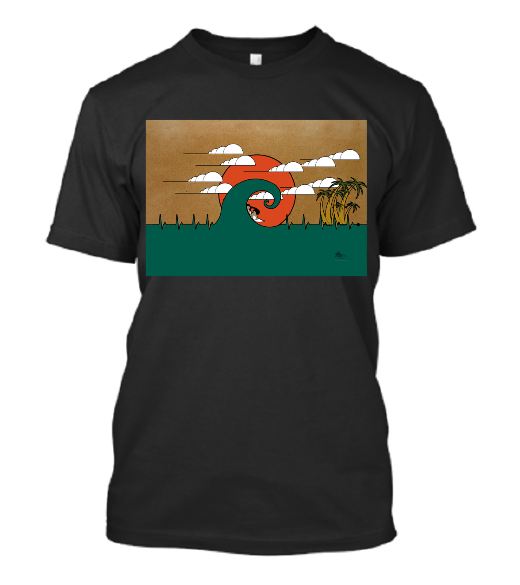 Surfer Riding Wave With Heartbeat Sunset And Palm Trees T-Shirt