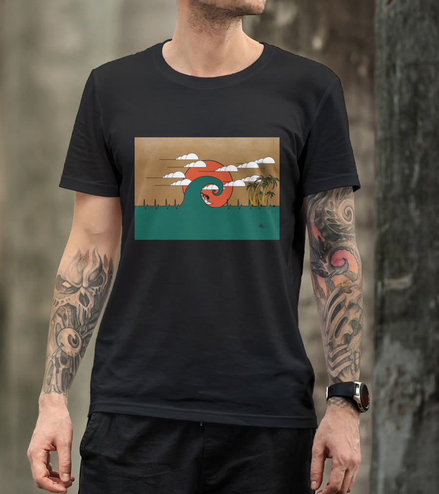 Surfer Riding Wave With Heartbeat Sunset And Palm Trees T-Shirt