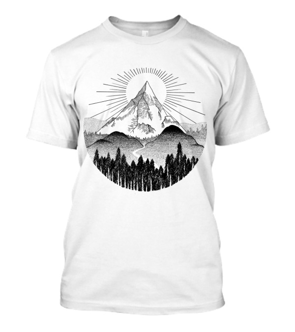 Sunset Mountain Tree Silhouette With Radiant Sunburst T-Shirt
