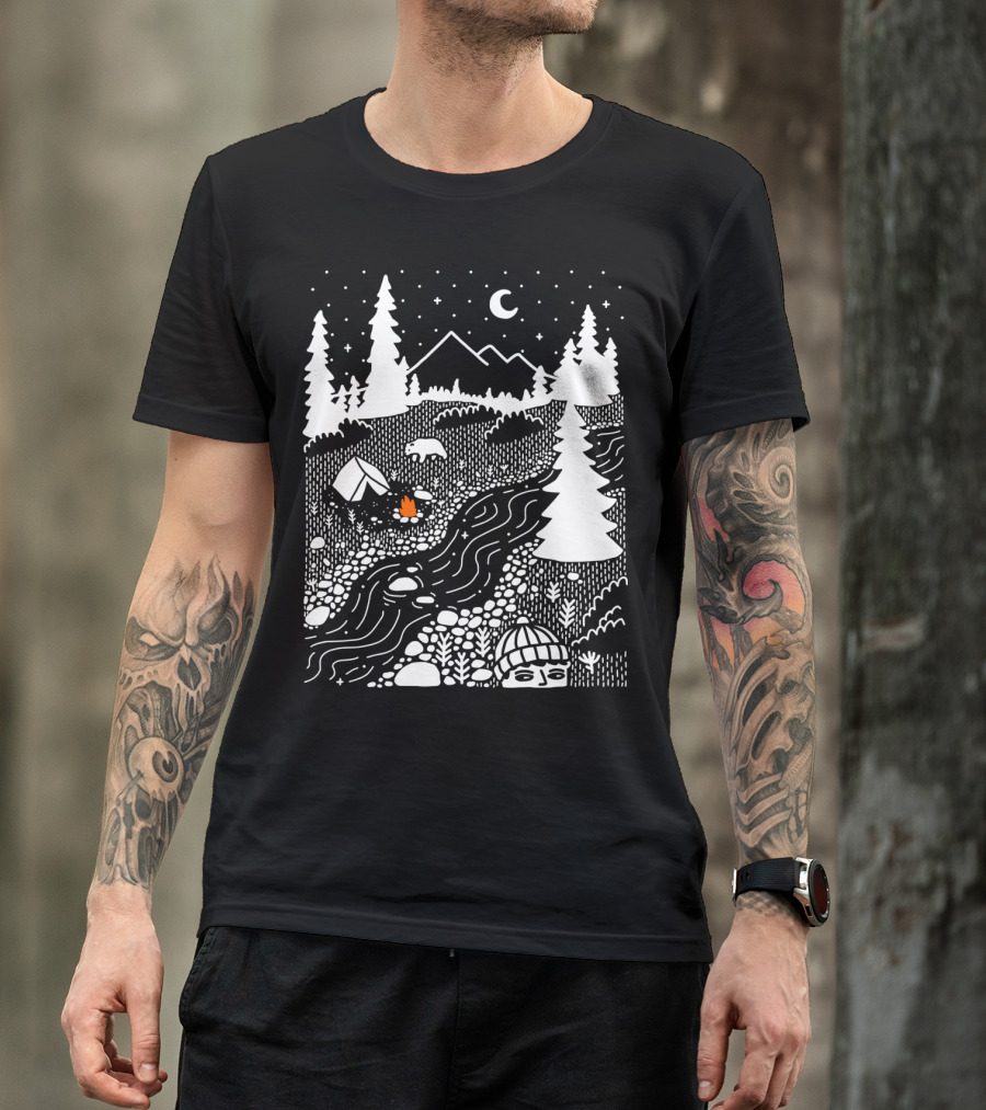 Unwelcome Guest Camping Outdoor Scene With River And Forest Under Night Sky T-Shirt