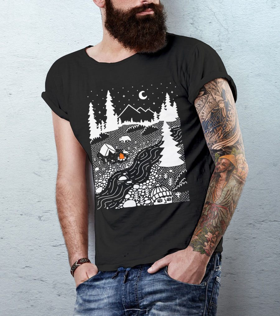 Unwelcome Guest Camping Outdoor Scene With River And Forest Under Night Sky T-Shirt