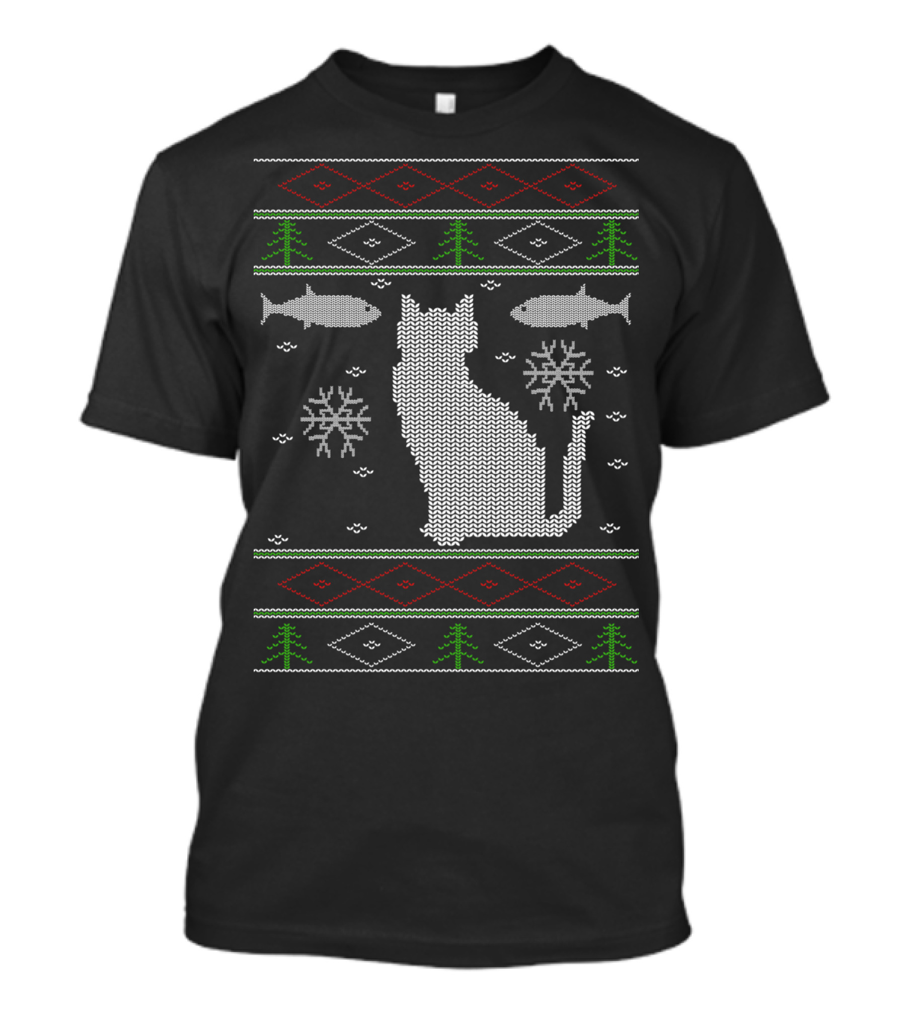 Knitted Cat Snowflakes Fish And Christmas Trees Ugly T-Shirt