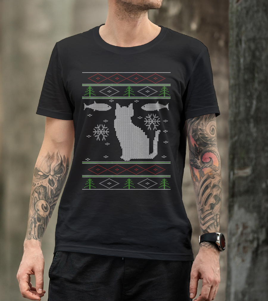 Knitted Cat Snowflakes Fish And Christmas Trees Ugly T-Shirt