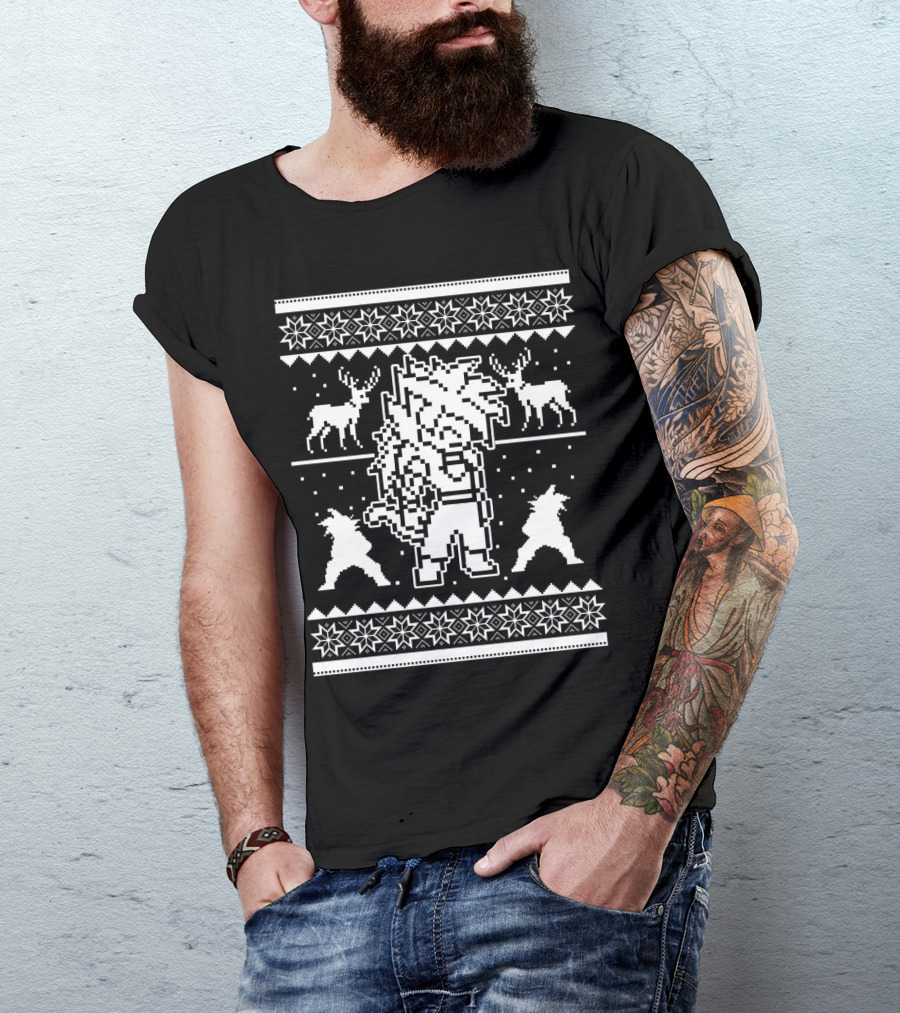 SSJ4 Christmas Pixel Art Reindeer Pattern Snowflakes T-Shirt