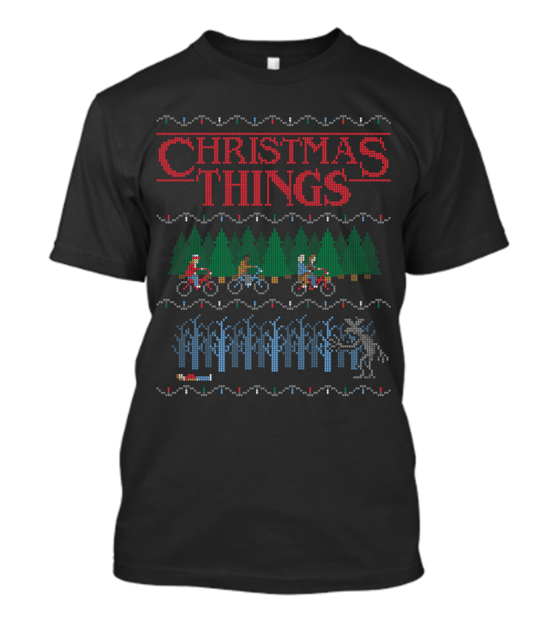 Christmas Things Holiday Sweater Style With Bicycles And Forest Monster Scene T-Shirt