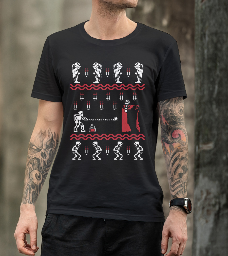 Christmasvania Whip-Wielding Knight Confronts Dracula 8-Bit Scene T-Shirt