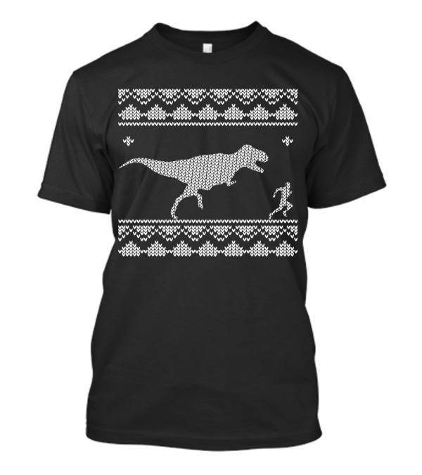 Dinosaur Pixel Art T-Rex Ugly Christmas Sweater Style Chase Scene T-Shirt