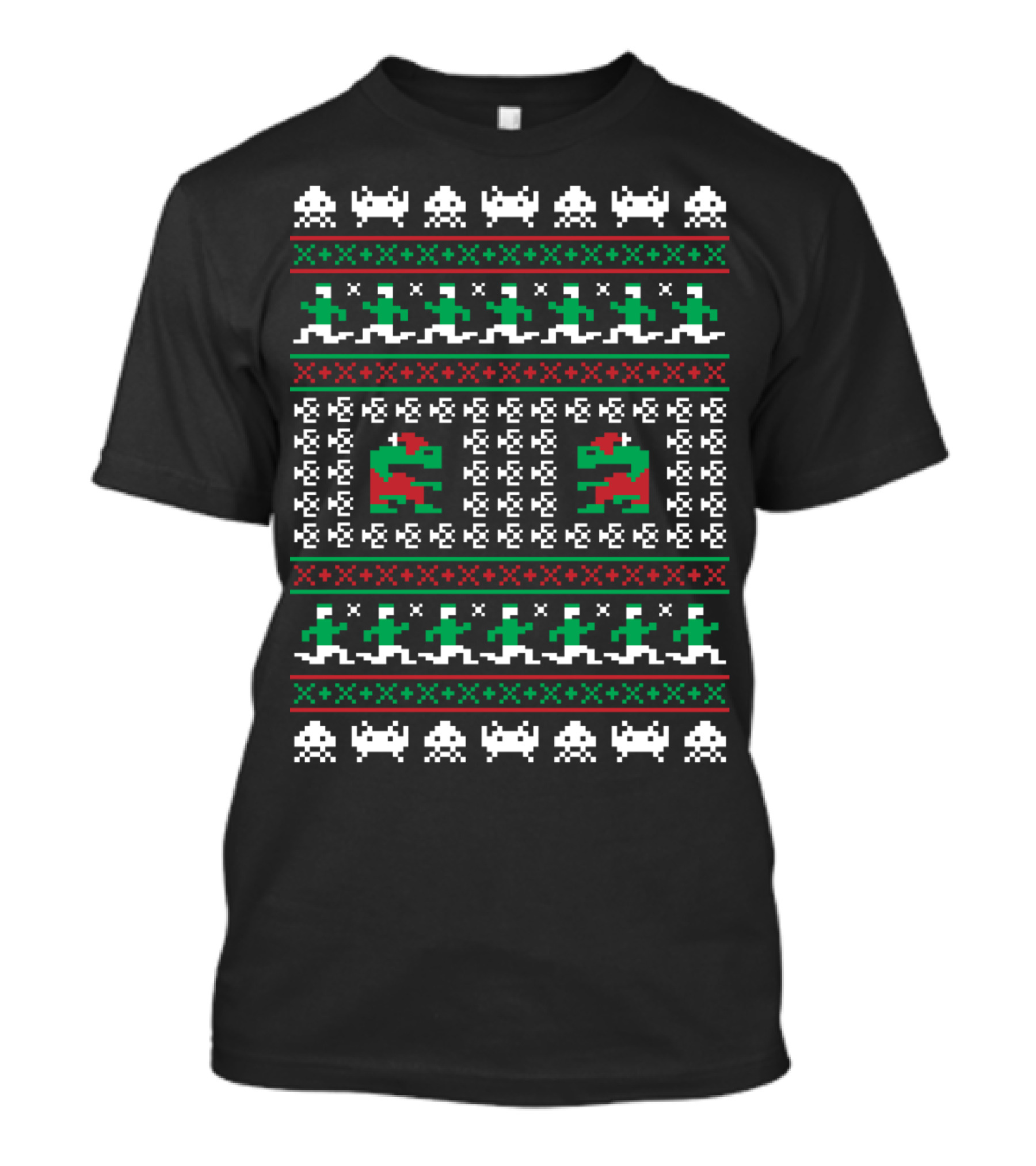Retro Gaming Christmas Sweater Pattern With Invaders And Dinosaurs T-Shirt