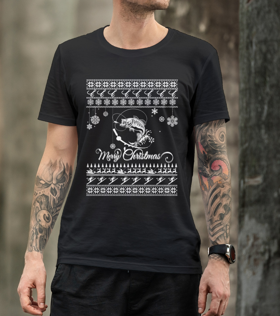 Merry Christmas Fishing Ugly Sweater Bass Hook Snowflakes T-Shirt