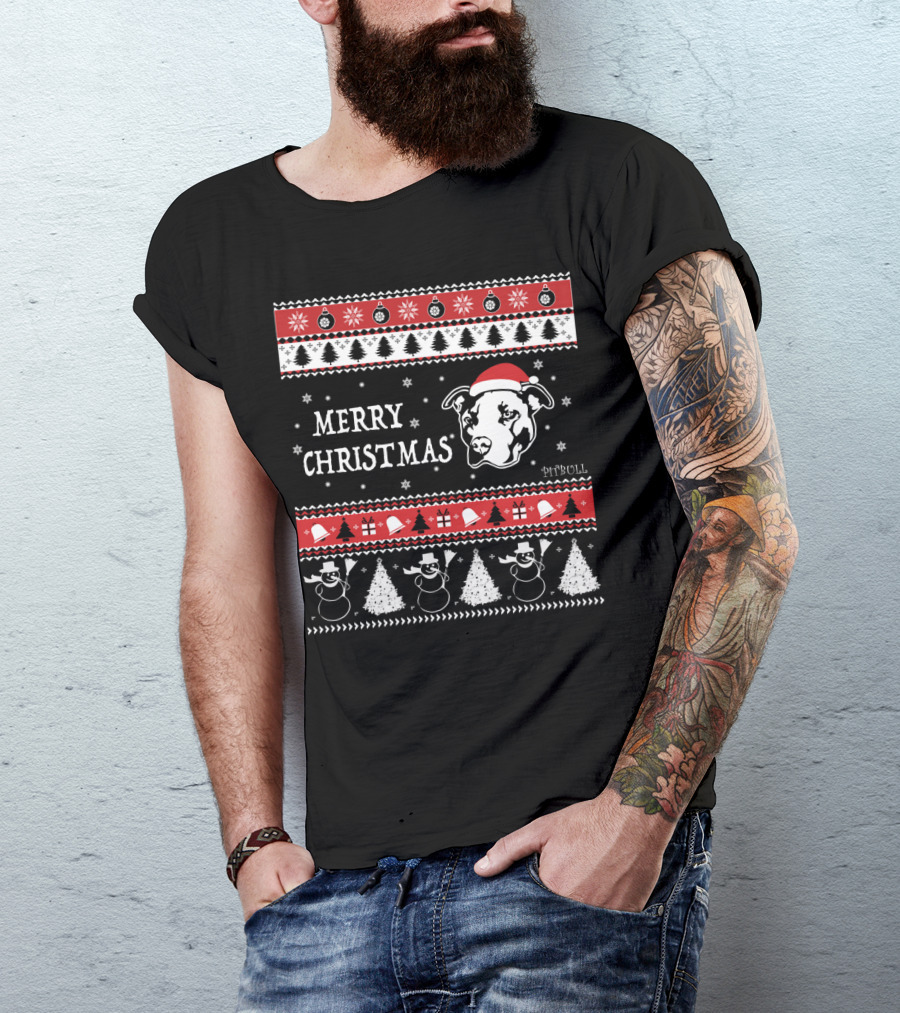Pitbull Merry Christmas Snowflakes Snowmen Trees Ugly T-Shirt