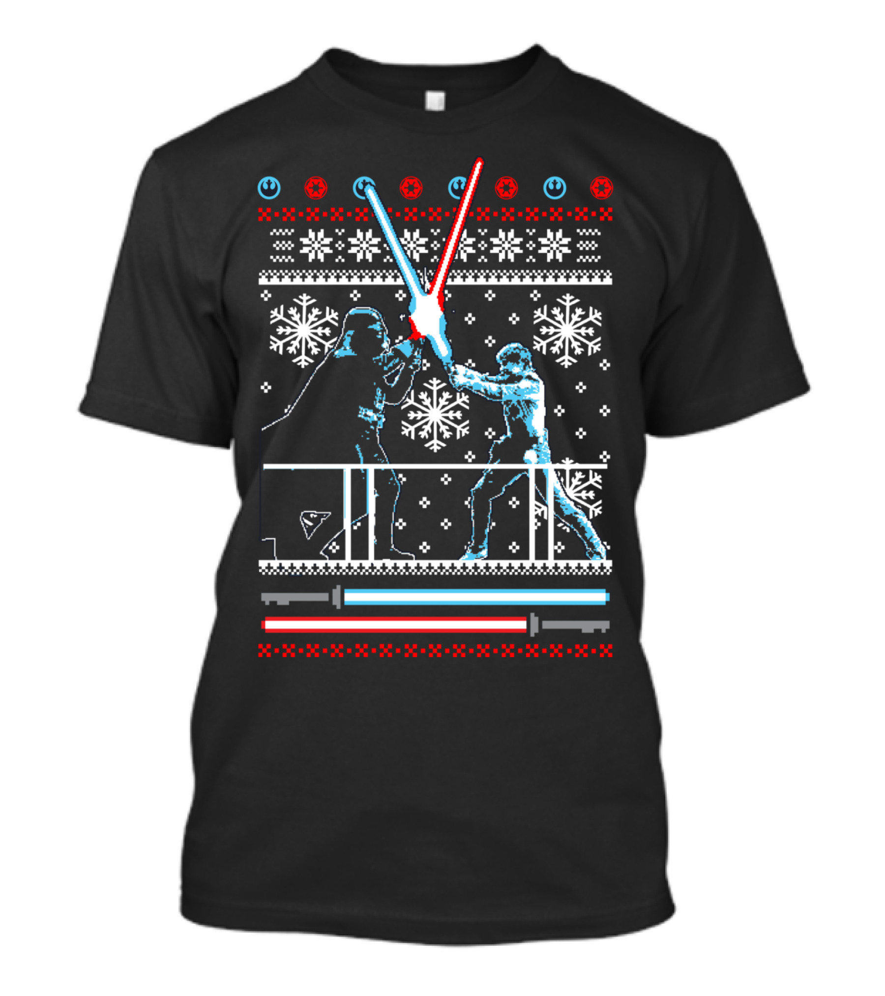 Star Wars Christmas Duel Luke Skywalker Darth Vader Lightsaber Battle Snowflakes T-Shirt